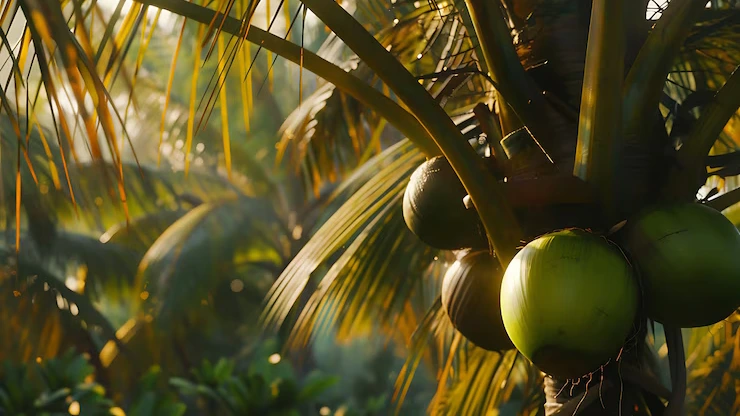 Kelapa hijau di pohon kelapa, salah satu bahan alami dalam formula Prostanore, yang dikenal karena khasiatnya yang bermanfaat.